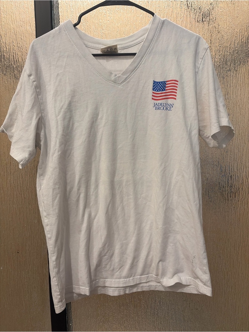 Jadelynn Brooke White V-Neck T-Shirt with Flag Graphic